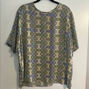 100% Silk Vintage Lee David Blouse 2XL round neck green/brown/yellow/blue